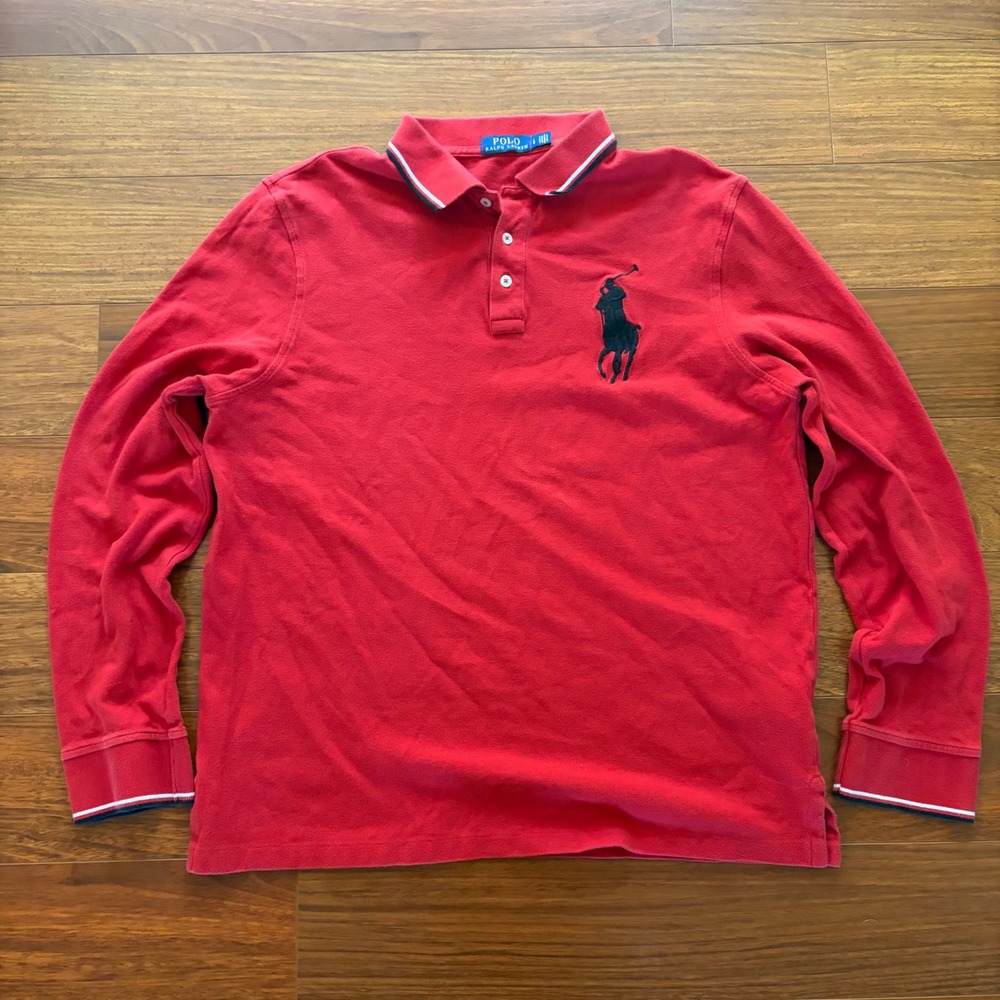 Polo Ralph Lauren Red Long Sleeve Big Pony Polo Shirt Mens Large Tipped Trim